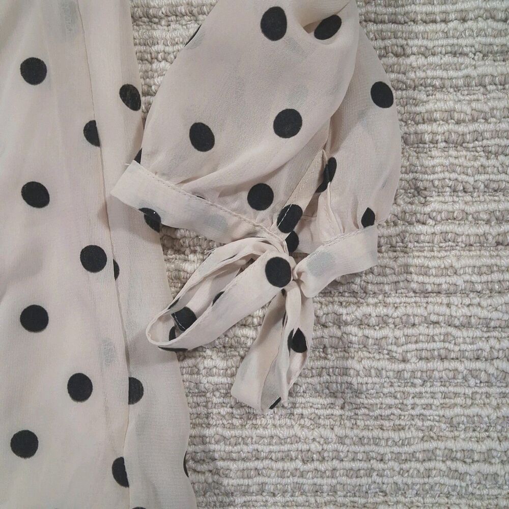 Roz & Ali Polka Dot Blouse Cream Black Tie Sleeve Bow Cuff Round Neck Top SZ M - Picture 9 of 10